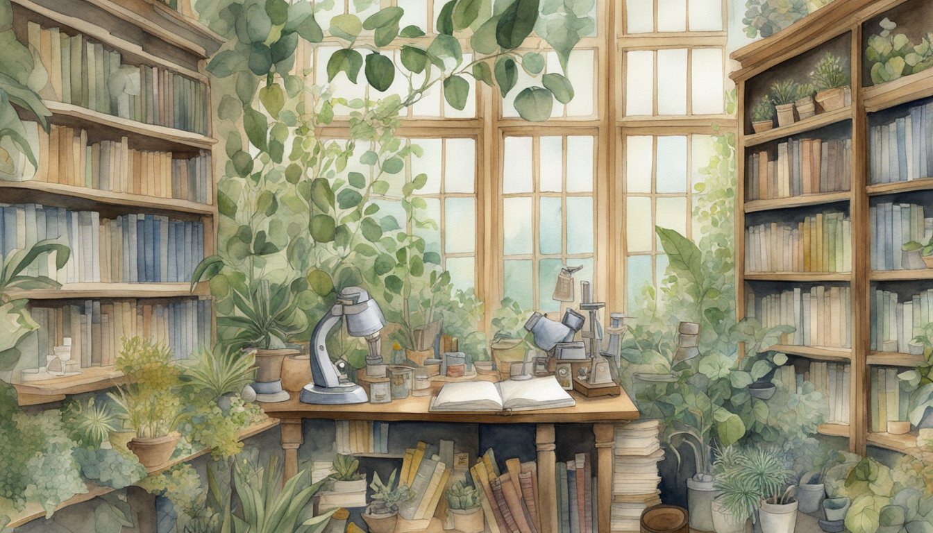 Charles Darwin's legacy: a diverse array of plants and animals, a microscope, and a bookshelf filled with scientific literature