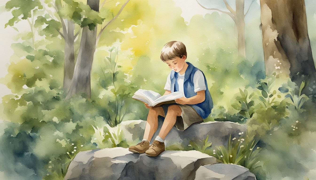 Roger Williams as a child, surrounded by nature and reading religious texts.</p><p>A sense of curiosity and wonder is evident in his expression