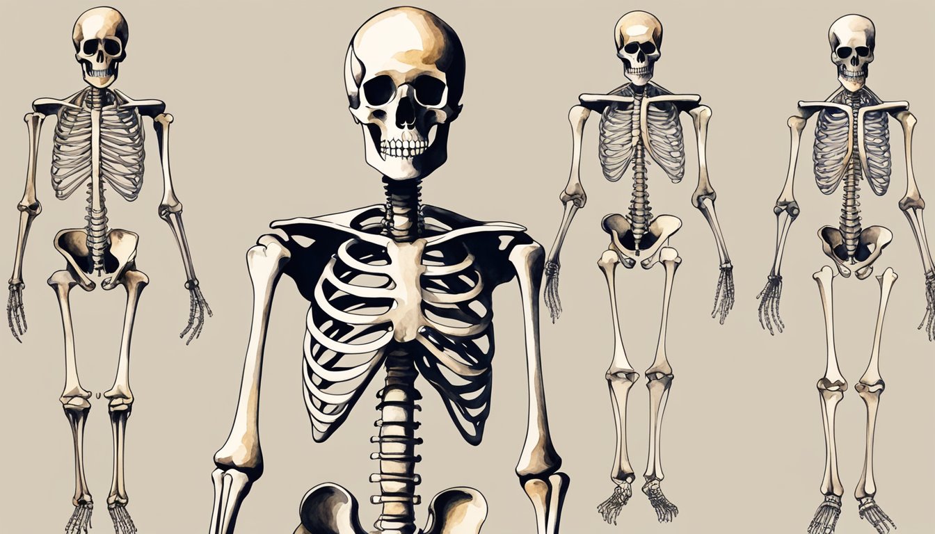 A complete human skeletal system, including all 206 bones, arranged in anatomical position for an overview illustration