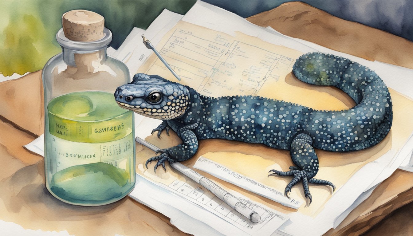 A gila monster slithers near a vial of Ozempic, with a medical chart in the background