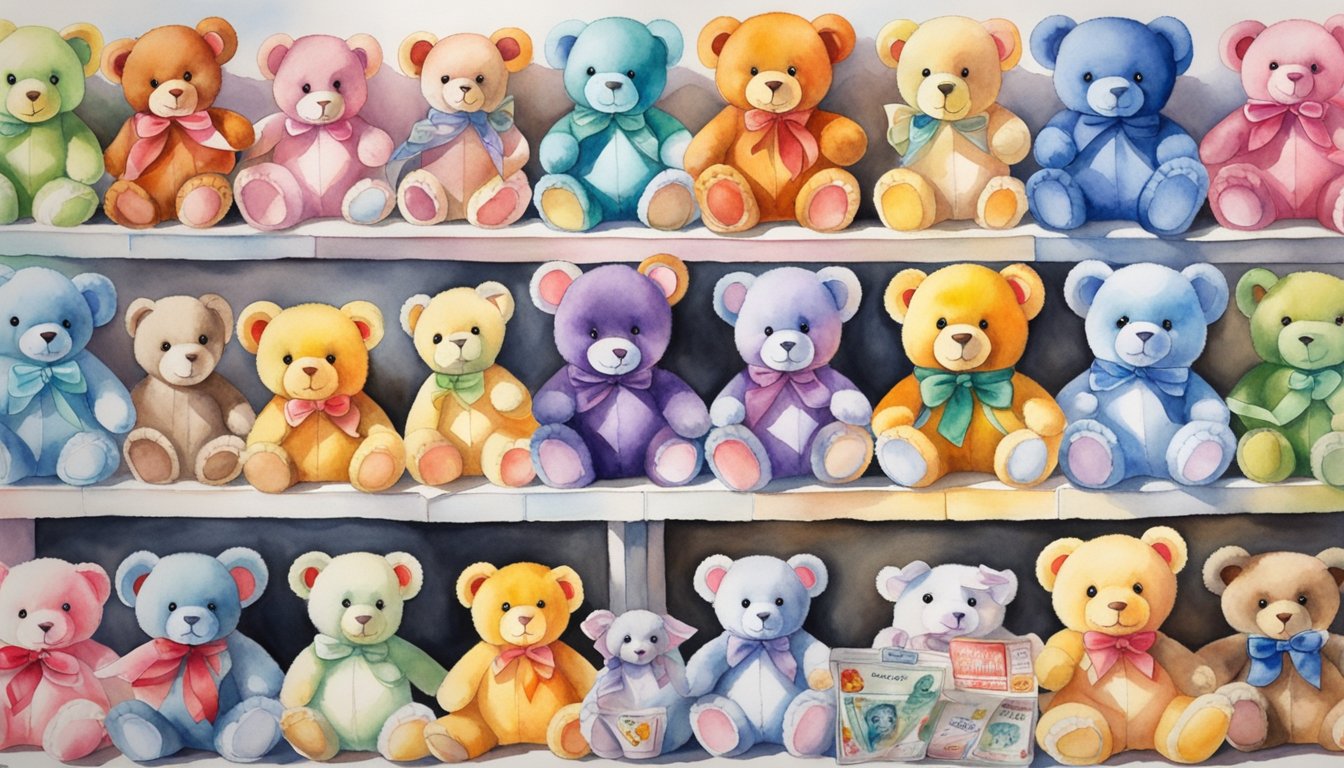 A collection of iconic Beanie Babies displayed with price tags and a guidebook on collecting tips