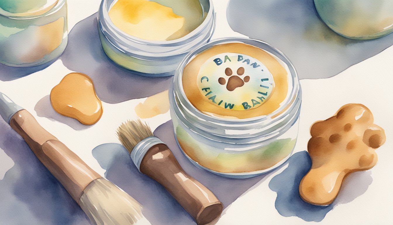 A dog's paw being gently massaged with paw balm, with a jar of balm and a soft brush nearby