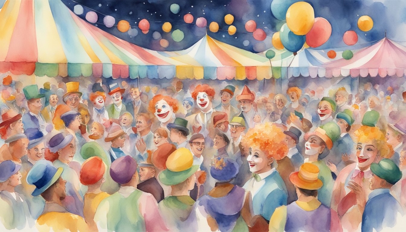 Colorful clowns entertain a diverse crowd at a modern circus, juggling, and performing tricks with big smiles