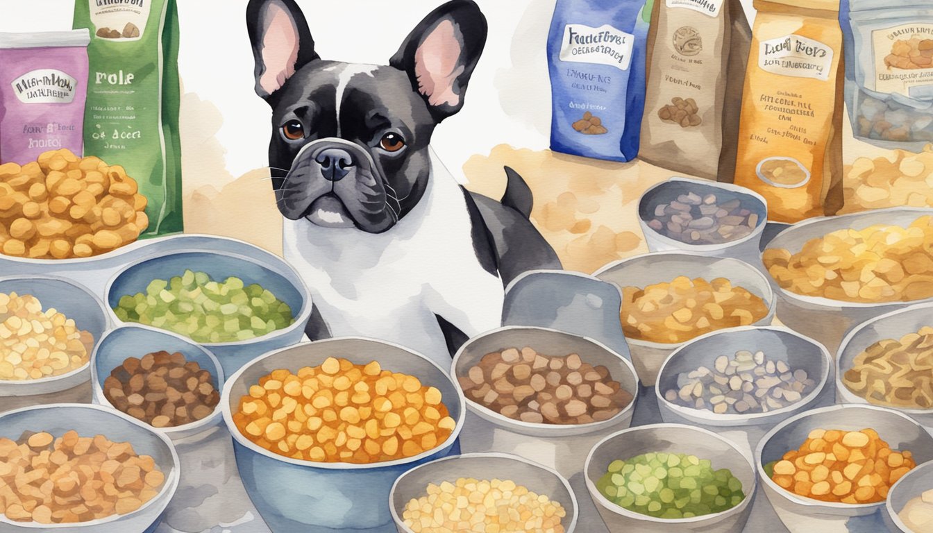 A French bulldog stands in front of various dog food options, sniffing and inspecting each one carefully before selecting the best dog food for itself