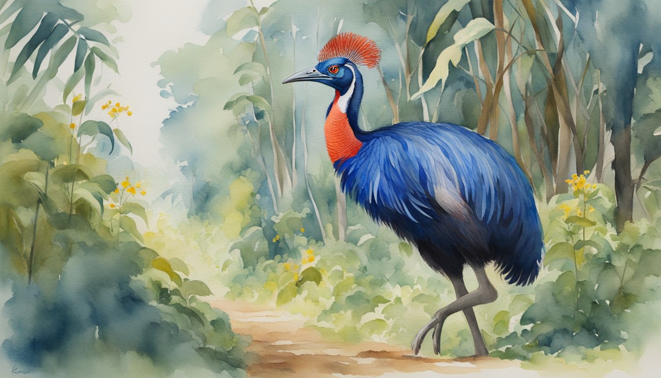 The cassowary strides confidently through the dense foliage, its vibrant blue and red neck wattle swaying with each step.</p><p>It emits deep booming calls, attracting the attention of nearby individuals as they engage in intricate social interactions