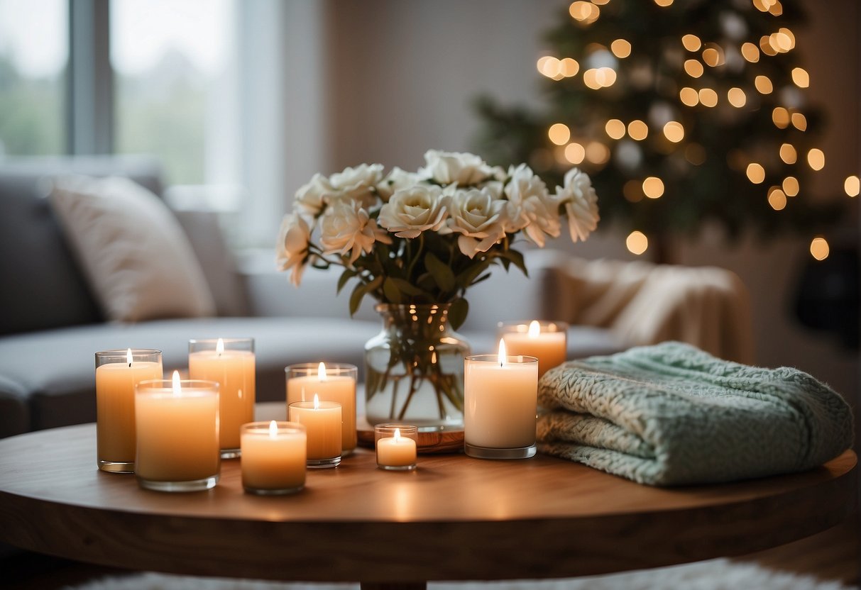 A serene room with soft lighting, a cozy blanket, and a table adorned with the best aromatherapy candles for anxiety