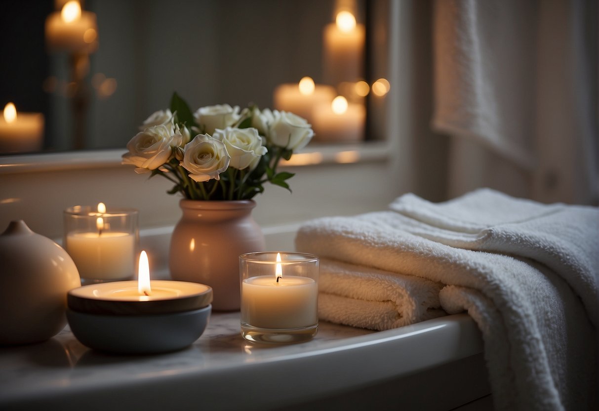 A serene bathroom with soft lighting, candles, and aromatic oils. A bathtub filled with bubbles, a plush robe and slippers nearby. Towels neatly folded and calming music playing in the background