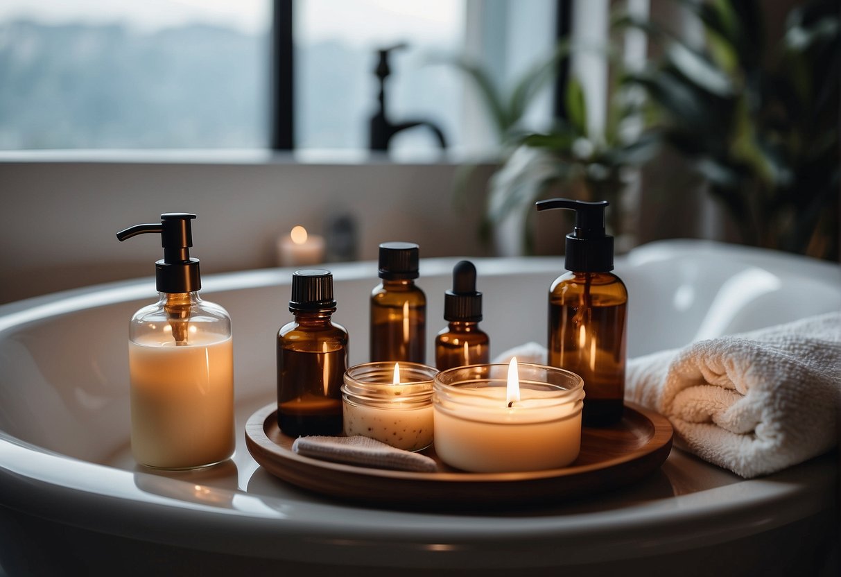 A serene bathroom with soft lighting, essential oils, candles, and a plush robe. A bathtub filled with bubbles and a tray of skincare products. A cozy corner with a fluffy towel and a comfortable chair for unwinding