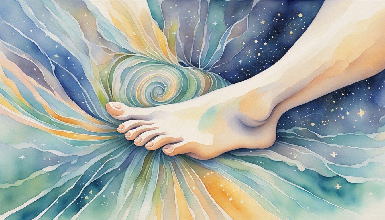 A foot with a tingly sensation, surrounded by swirling lines and stars, being gently massaged and rubbed to alleviate the discomfort