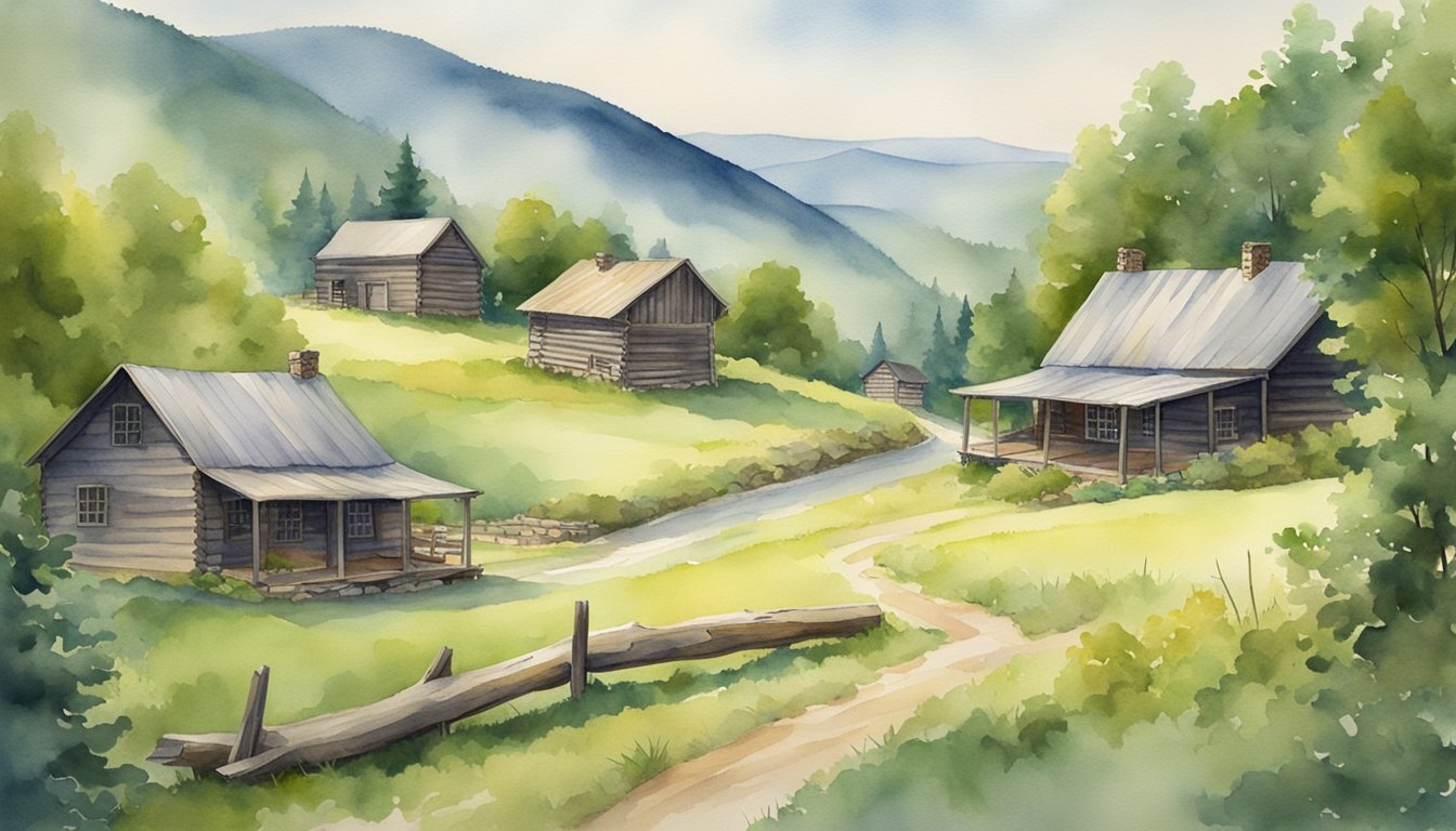 A small Appalachian mountain village, with rustic log cabins, rolling hills, and lush green forests, surrounded by a serene and peaceful landscape