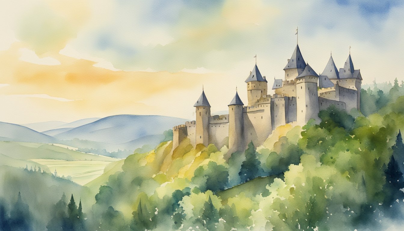 The grand castle stands against a backdrop of rolling hills, its turrets reaching toward the sky.</p><p>A moat surrounds the ancient stone structure, reflecting the sunlight