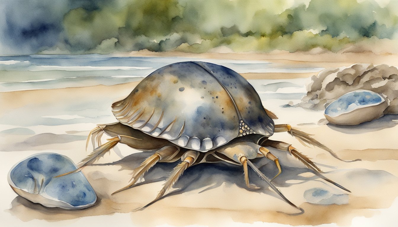 A horseshoe crab is captured, its blood extracted for medical use, while conservationists work to protect the species and minimize environmental impact