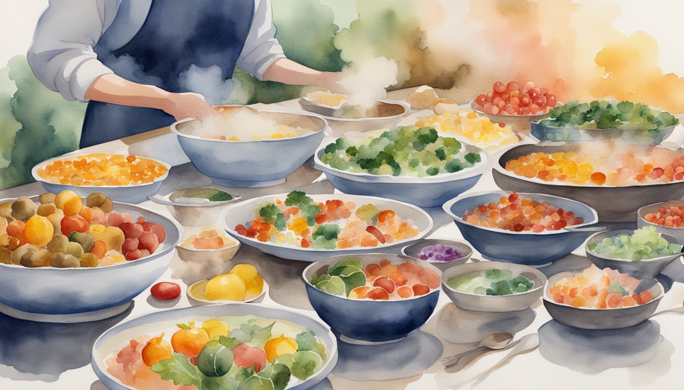 A table covered in a variety of colorful foods, with steam rising from a hot dish.</p><p>A person's intense focus on arranging and preparing the meal