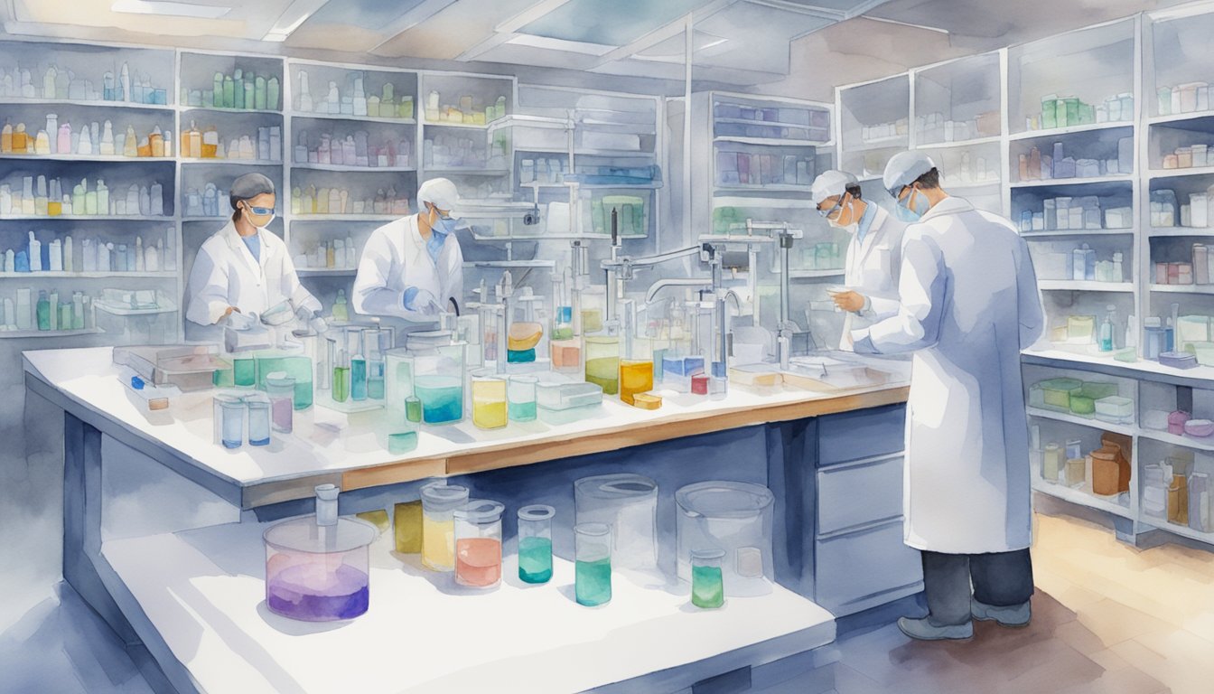 A laboratory setting with AAV gene therapy equipment and research materials arranged on a table, with scientists in the background discussing results and analyzing data