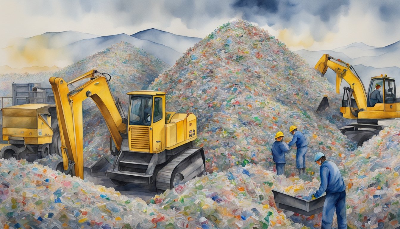 A mountain of plastic waste is being sorted and processed at a recycling facility, with workers using machinery to separate and compact the materials