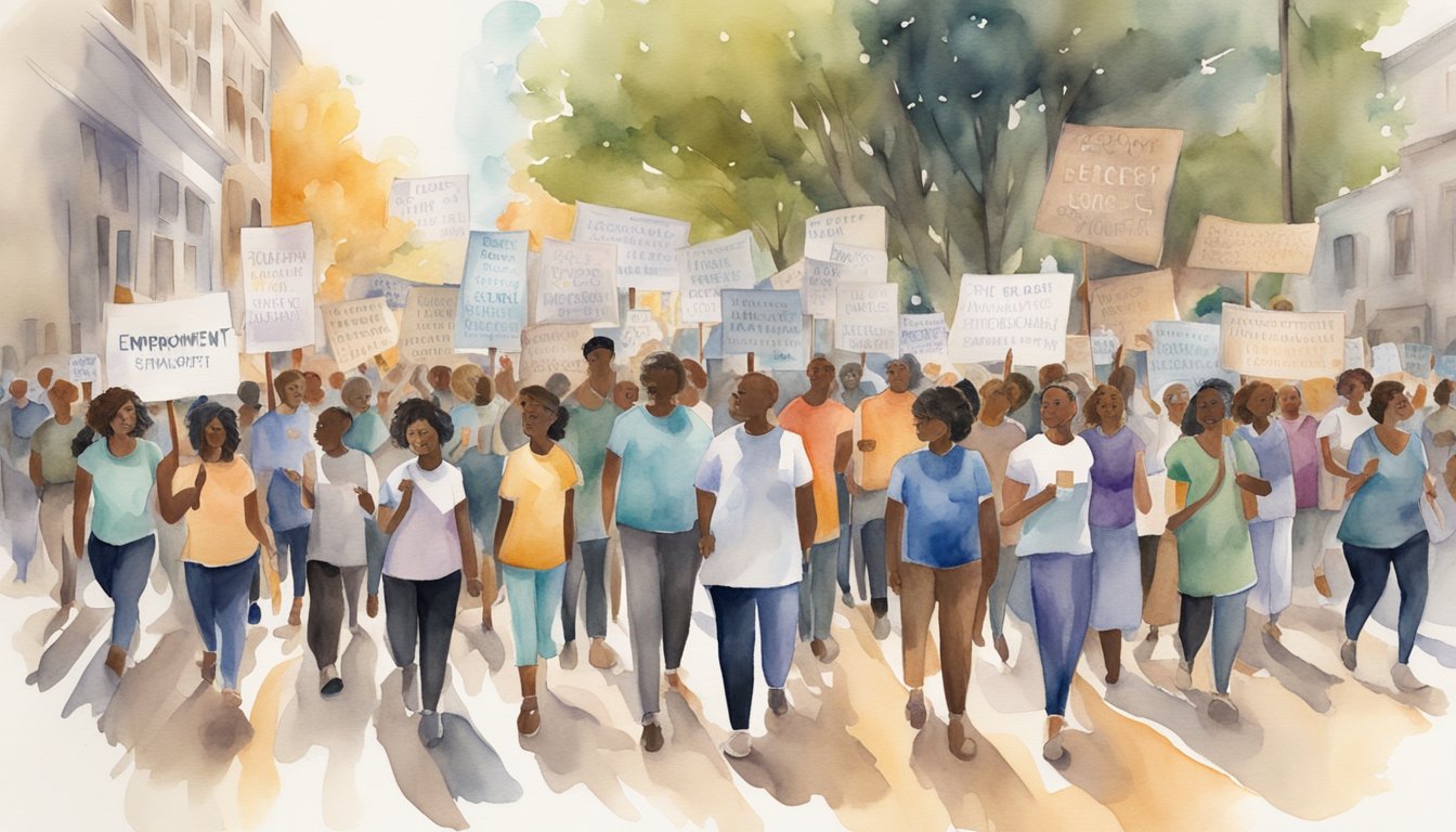 A diverse group of people march together, holding signs and banners with messages of equality and empowerment.</p><p>The scene is filled with energy and determination as they make strides towards a more inclusive society