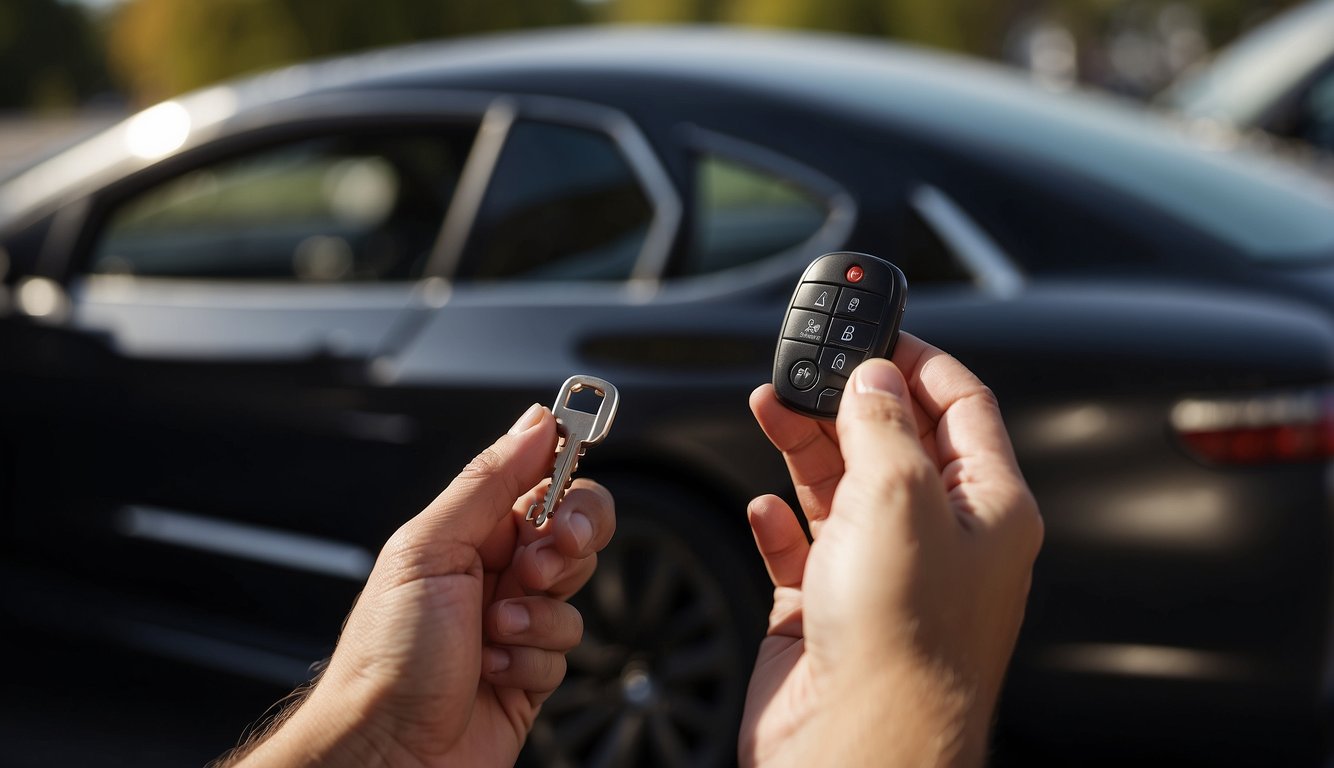 A hand reaches towards a car key fob. The hand presses the "unlock" button, silencing the blaring car alarm