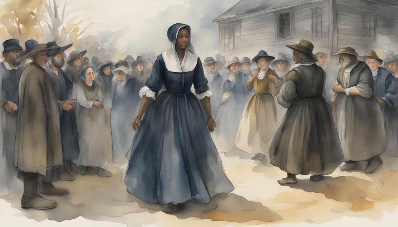 Tituba's presence in the Salem witch trials, surrounded by fearful and accusatory townspeople, reflects the cultural impact and historical perspectives of the time