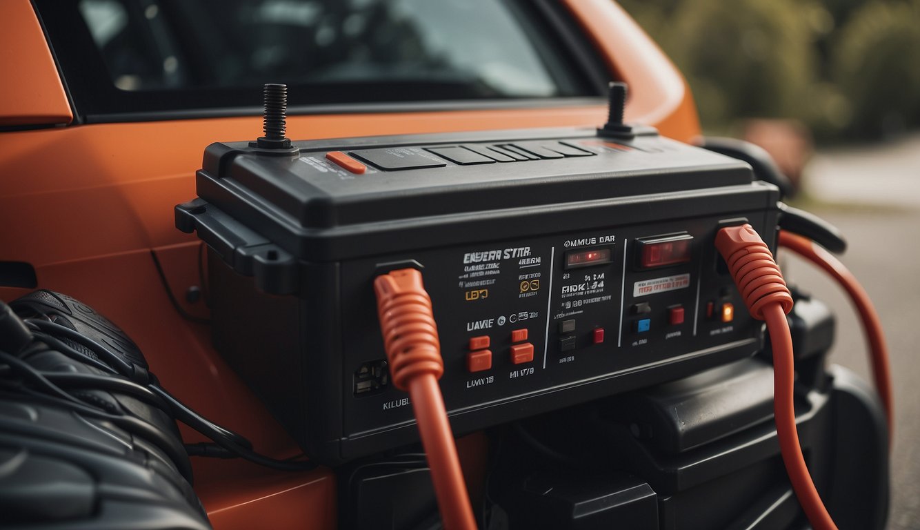 A car battery with jumper cables attached to a power source, indicating the process of jump-starting a vehicle