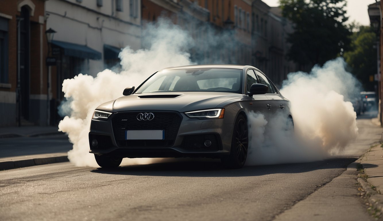 A car parked on a quiet street, with its engine running after a jump start. Smoke rises from the exhaust as the vehicle idles