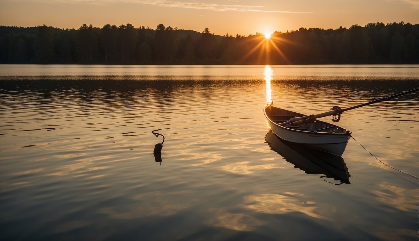Sunset over calm lake, fishing rods line the shore. A lone boat drifts, its occupants reeling in trophy walleye