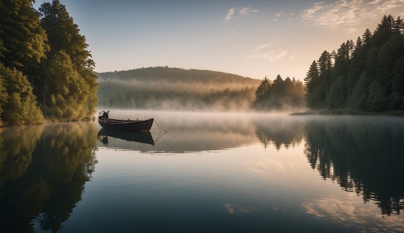 A serene lake at dawn, with mist rising off the water. A lone fishing boat glides across the calm surface, surrounded by lush greenery