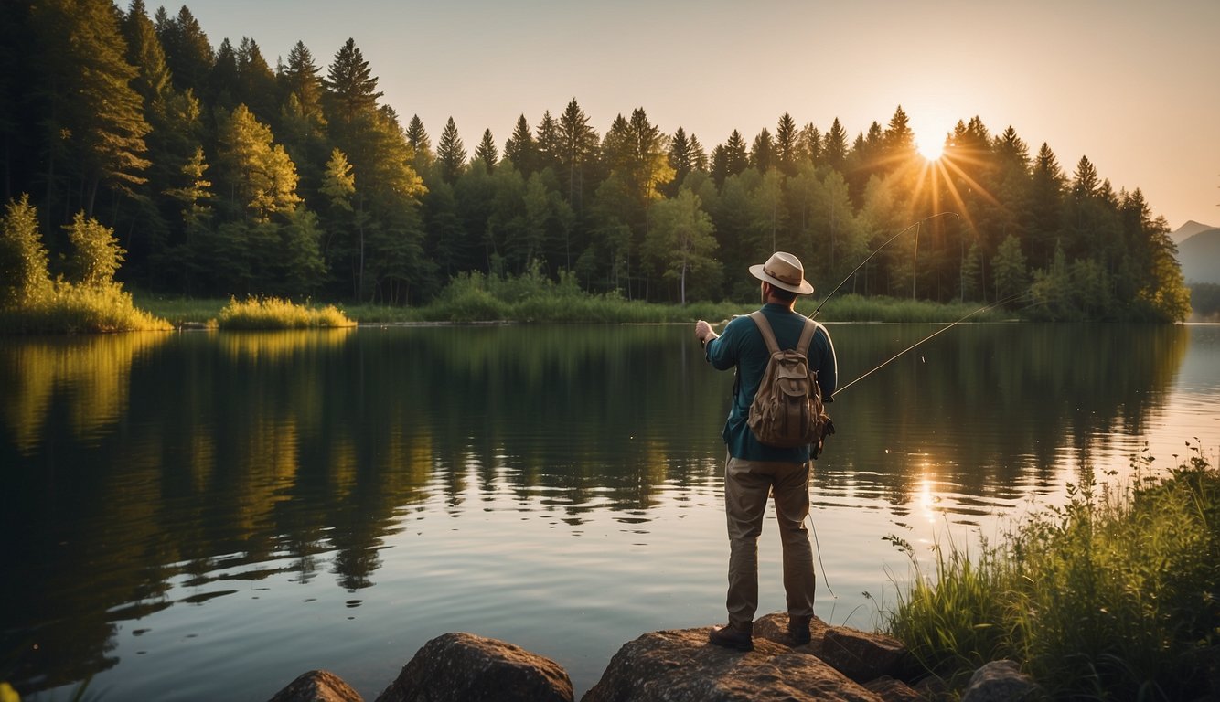 A fisherman casting a line into a calm lake at sunset, surrounded by lush green trees and a rocky shoreline