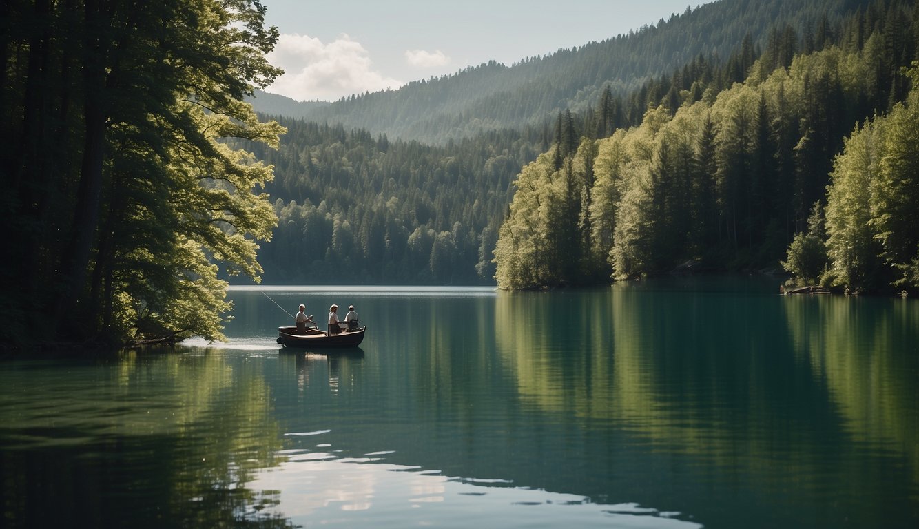 Crystal clear lake with a backdrop of lush green trees. A fishing boat glides across the water, with a fisherman casting his line towards the shore