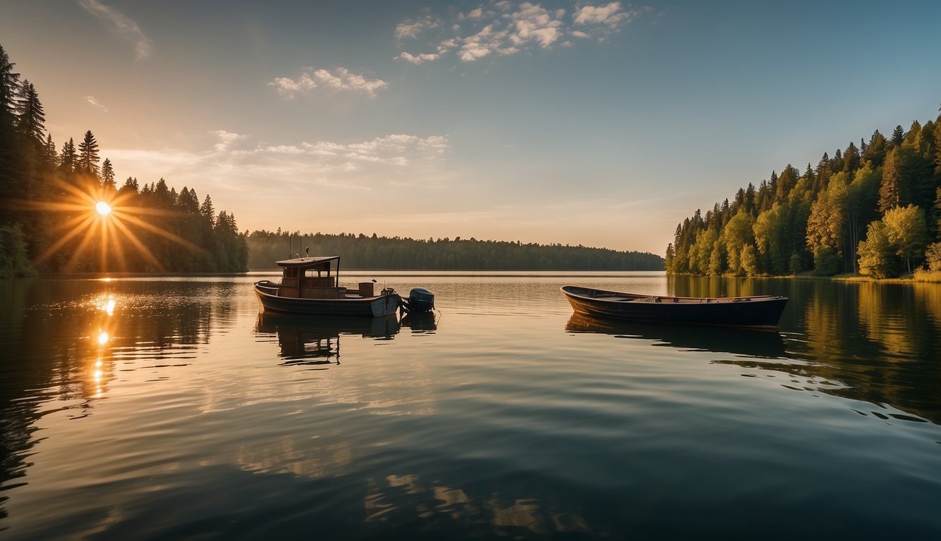 A serene lake surrounded by lush green trees, with a fishing boat and fishing gear laid out on the shore. The sun is setting, casting a warm glow over the water
