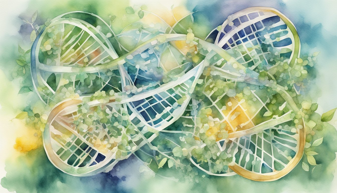 A tangled DNA helix surrounded by various environmental factors and medical conditions, representing the complex interplay of genetics and external influences on dyslexia