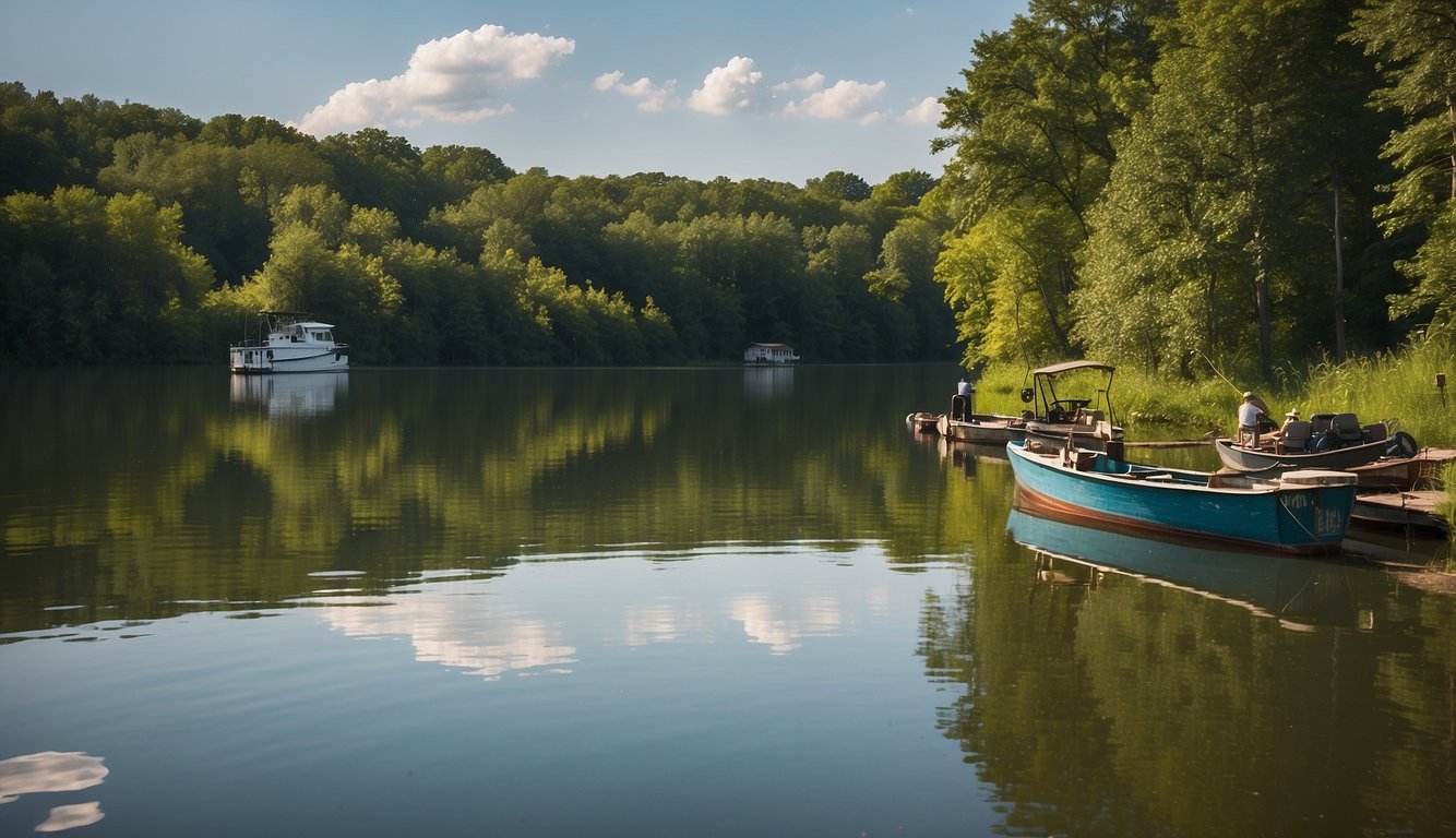 A serene lake surrounded by lush greenery and a small community, with fishing boats dotting the water and fishermen engaged in the best walleye fishing in Ohio