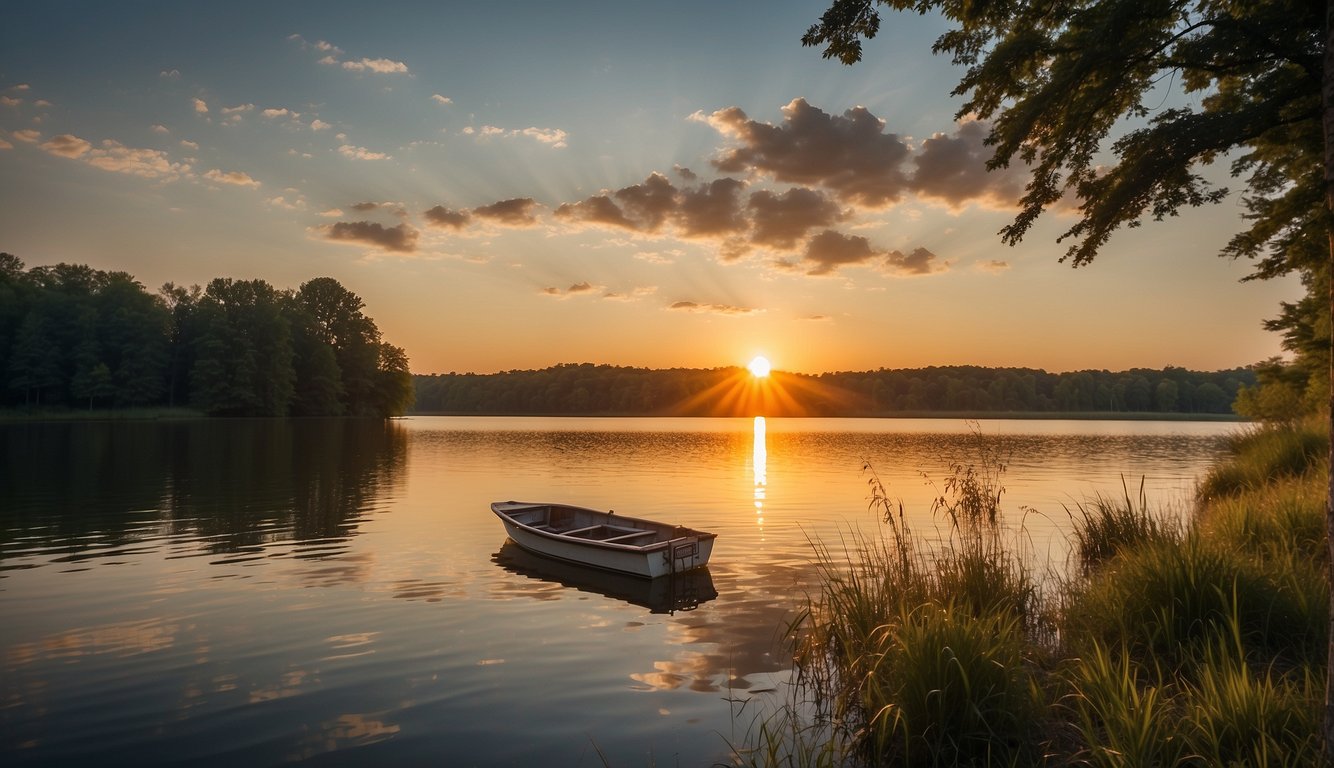 The sun sets over a serene lake in Ohio, with a lone fishing boat in the distance. The water ripples gently as a walleye jumps out of the water, creating a perfect scene for a fishing illustration
