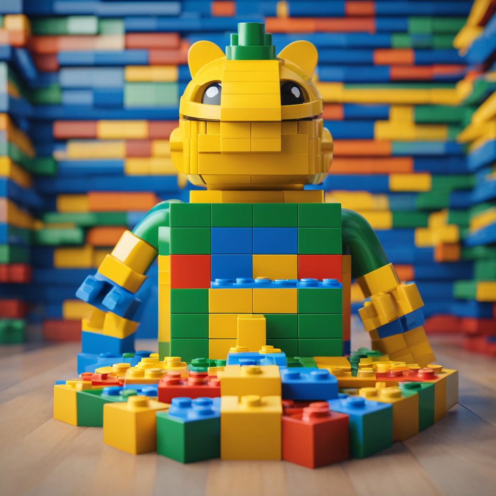 A bright yellow Lego piece 32557 sits on a blue baseplate, surrounded by other colorful bricks