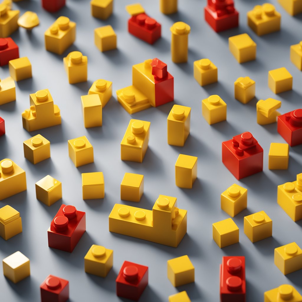 A yellow lego piece 32557 connects seamlessly with a red piece, showcasing their compatibility