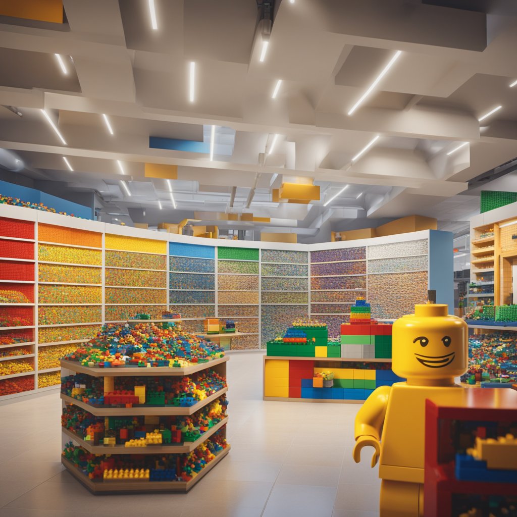 A colorful display of Lego pieces, including the sought-after 32557, lines the shelves of a well-lit store. Bright signage and a bustling atmosphere suggest a popular destination for Lego enthusiasts