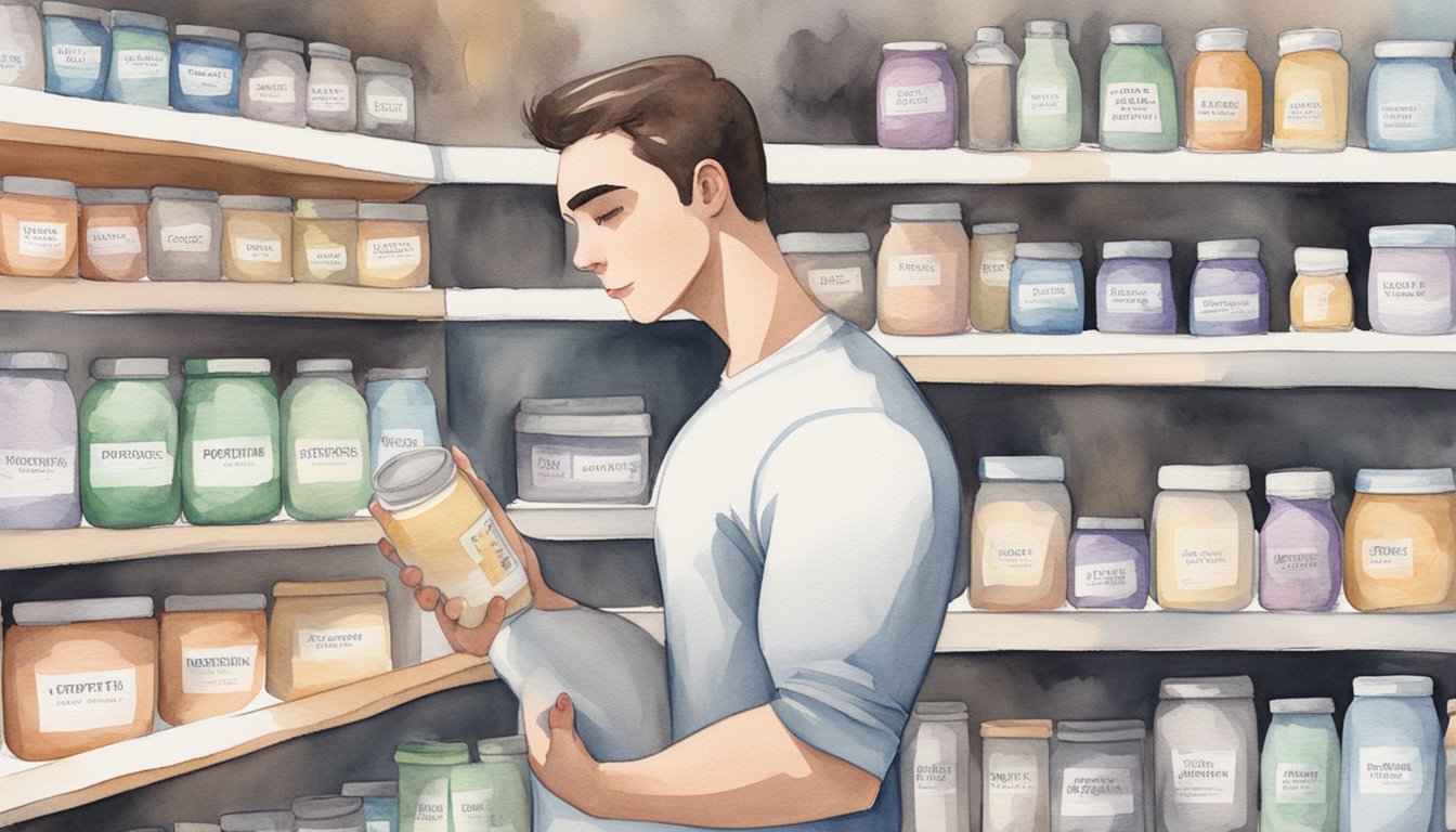 A person holding a container of protein powder, with a "lactose-free" label prominently displayed.</p><p>Various types of protein powders are lined up on a shelf in the background