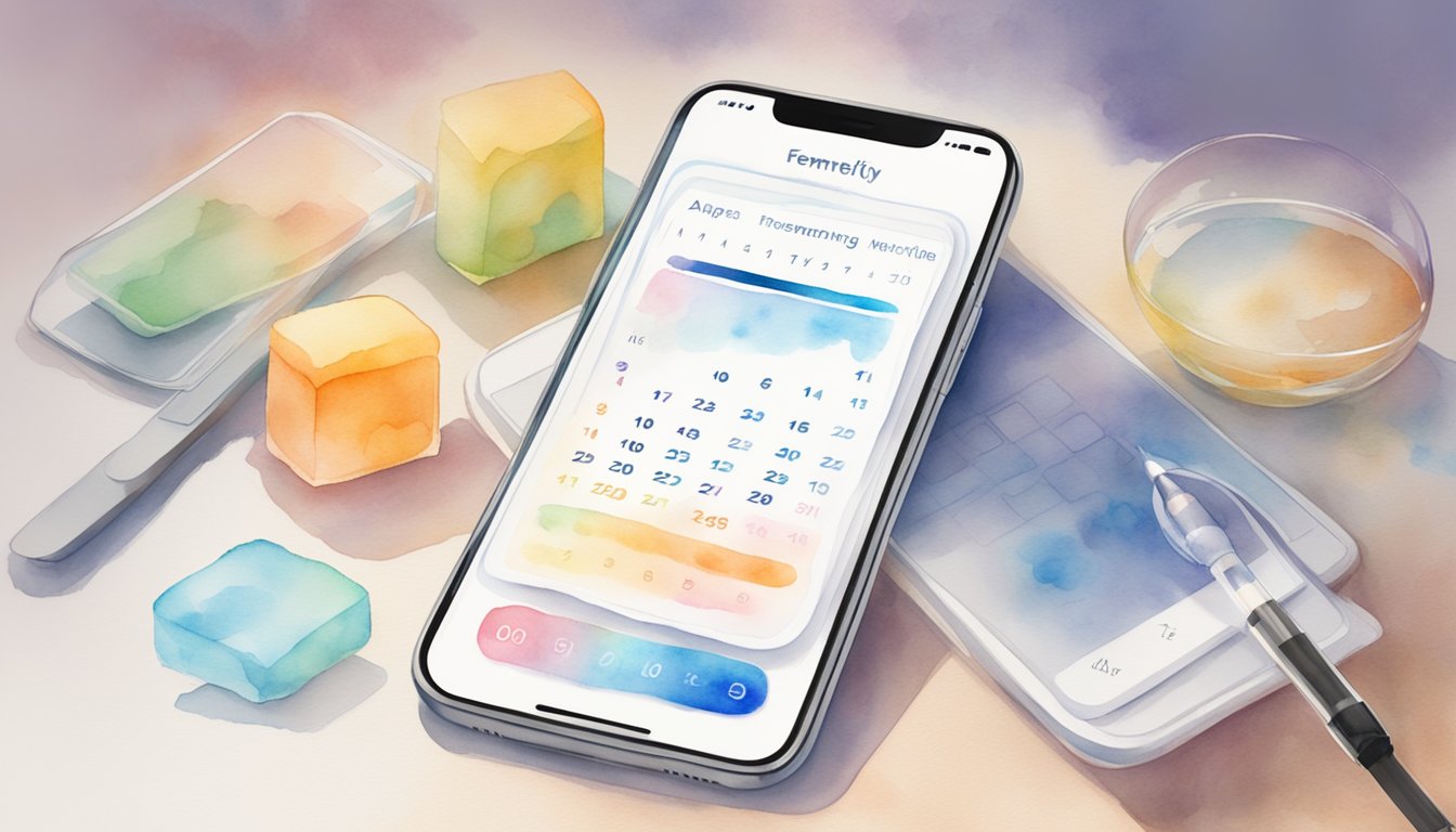 A calendar with marked ovulation days, a thermometer for tracking basal body temperature, and a fertility tracking app on a smartphone