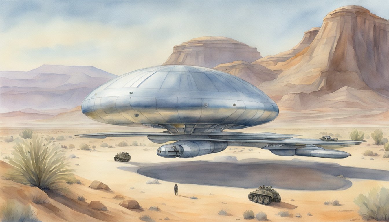 A silver, disc-shaped craft hovers over a desert landscape, with military vehicles and personnel gathered below in the Roswell, Area 51 region