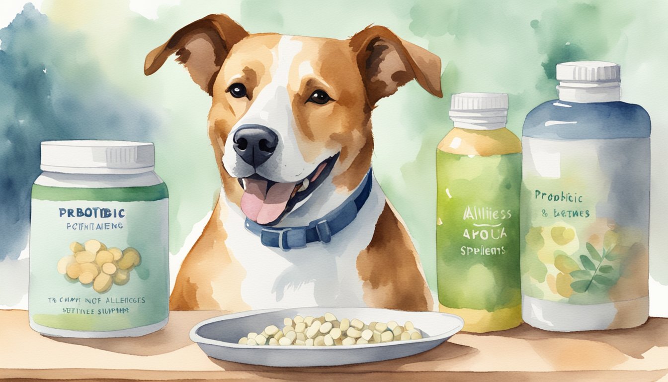 A happy dog with allergies sits next to a bowl of probiotic supplements, while their owner holds a bottle and smiles