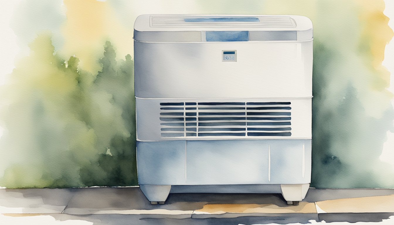 A dehumidifier sits in a damp room, removing moisture from the air to prevent mold growth