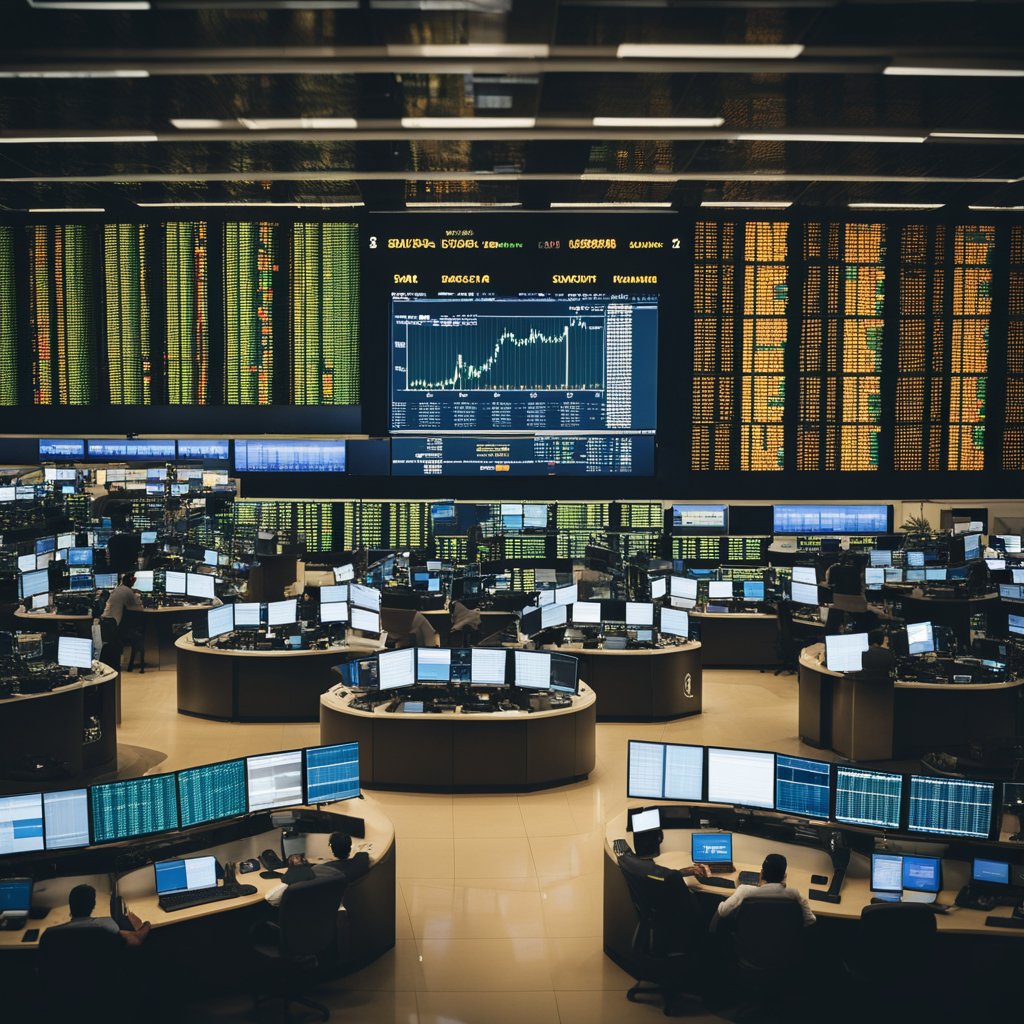 A bustling stock market floor in Brazil, filled with traders and screens displaying real-time stock prices