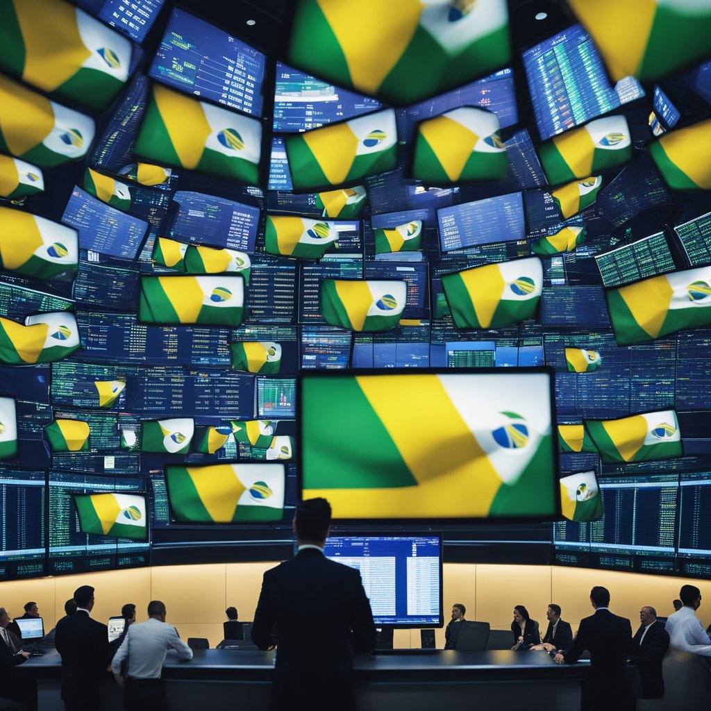 A bustling stock exchange floor with traders gesturing and shouting, screens displaying stock prices, and a backdrop of the Brazilian flag
