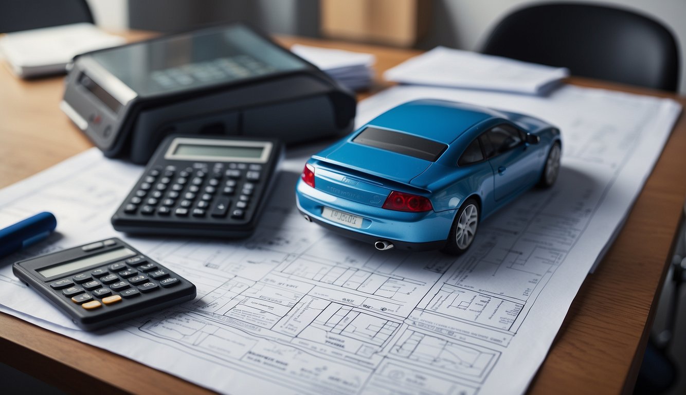 A blueprint and a calculator sit on a desk, surrounded by charts and graphs showing cost breakdowns for building a car wash