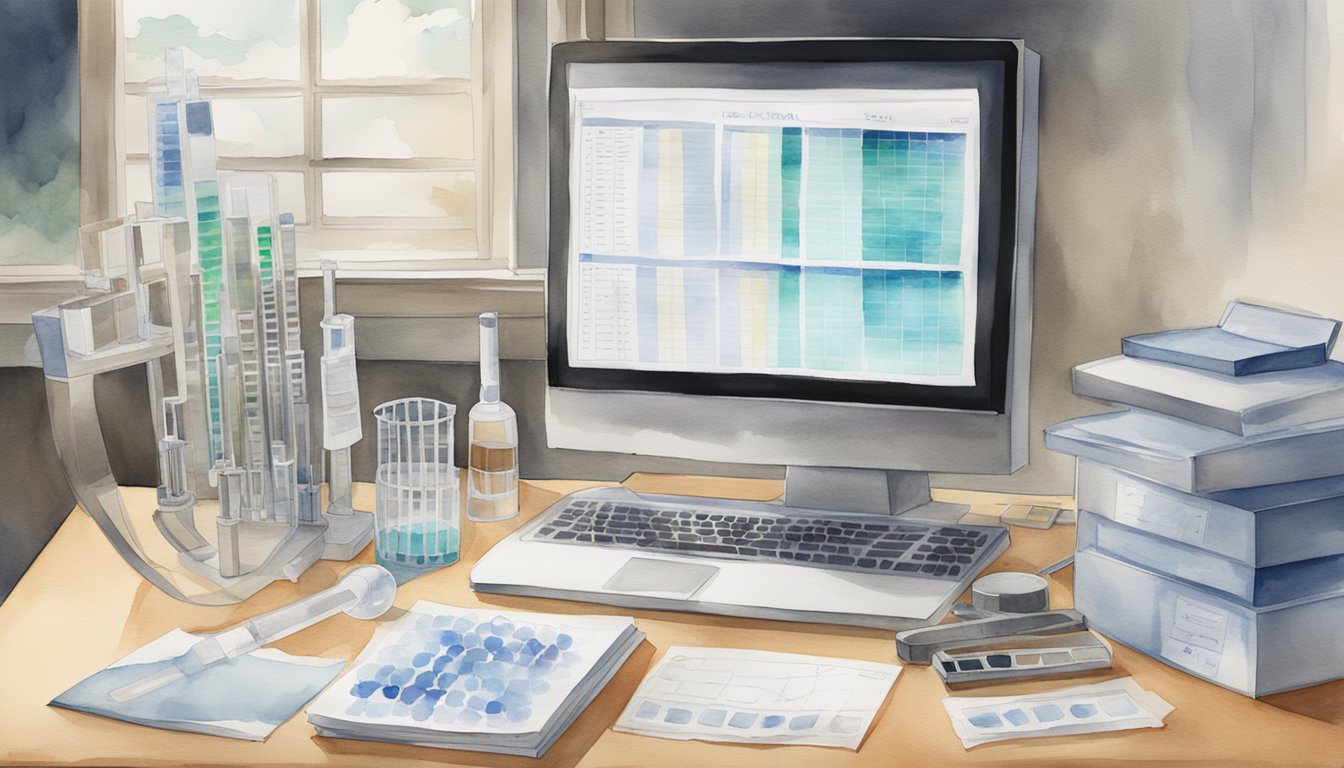 A DNA test kit sits on a table, surrounded by scientific equipment and a computer displaying genetic data