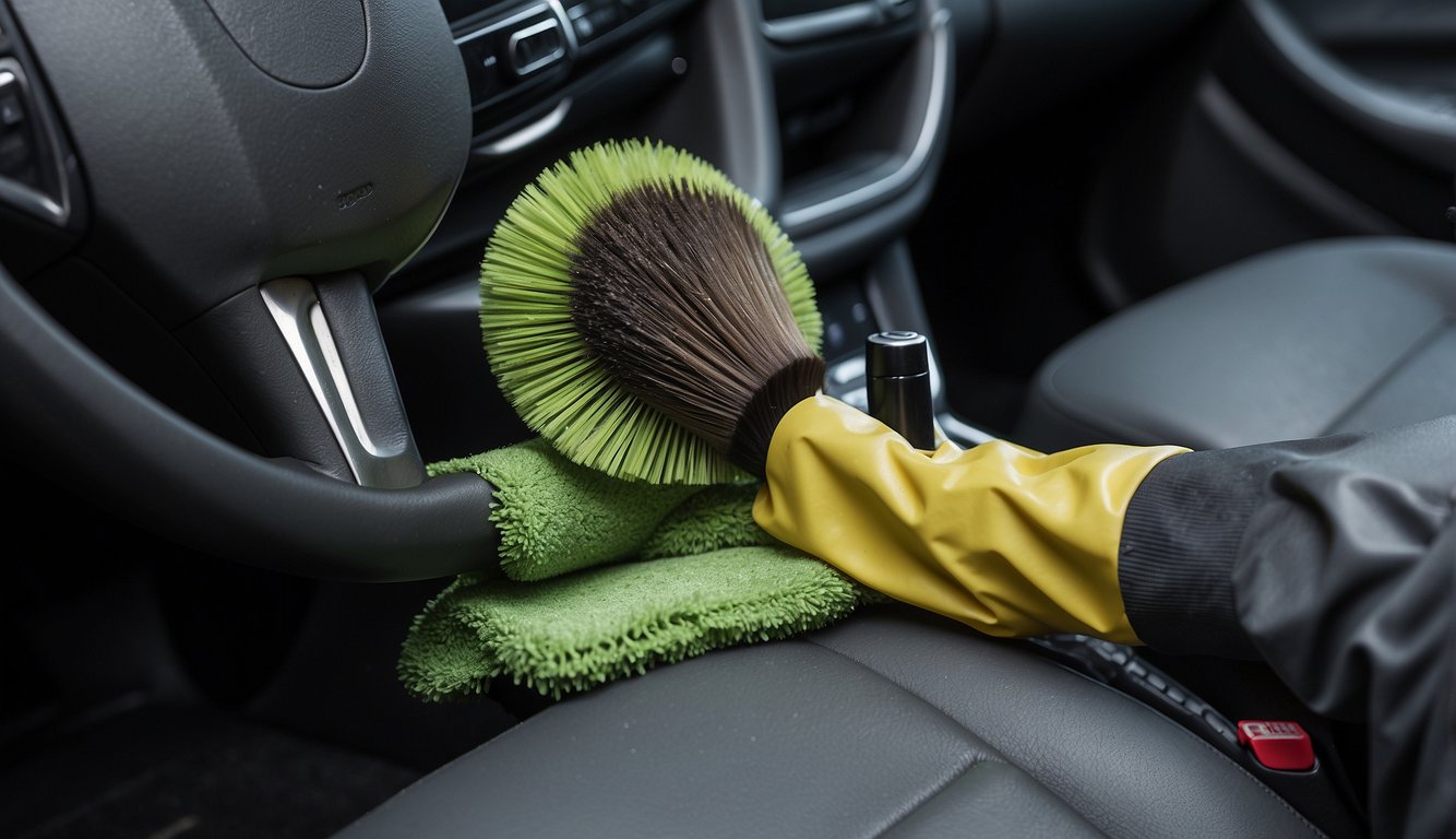 A brush vigorously scrubs rubber car mats with soapy water, removing dirt and grime. A hose rinses off the suds, leaving the mats clean and shiny
