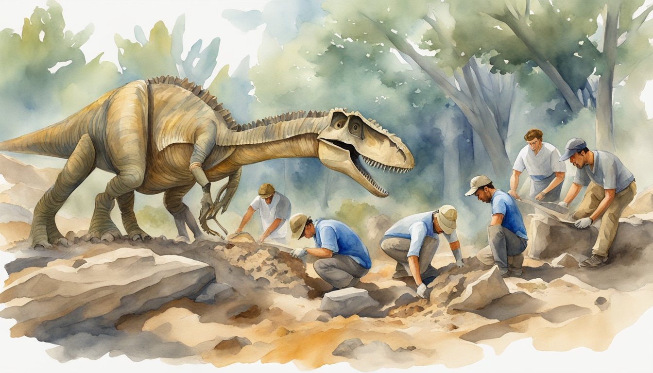 A group of paleontologists carefully excavate a new dinosaur fossil.</p><p>The creature's anatomy and paleoecology are studied in detail, revealing a fascinating glimpse into the ancient world