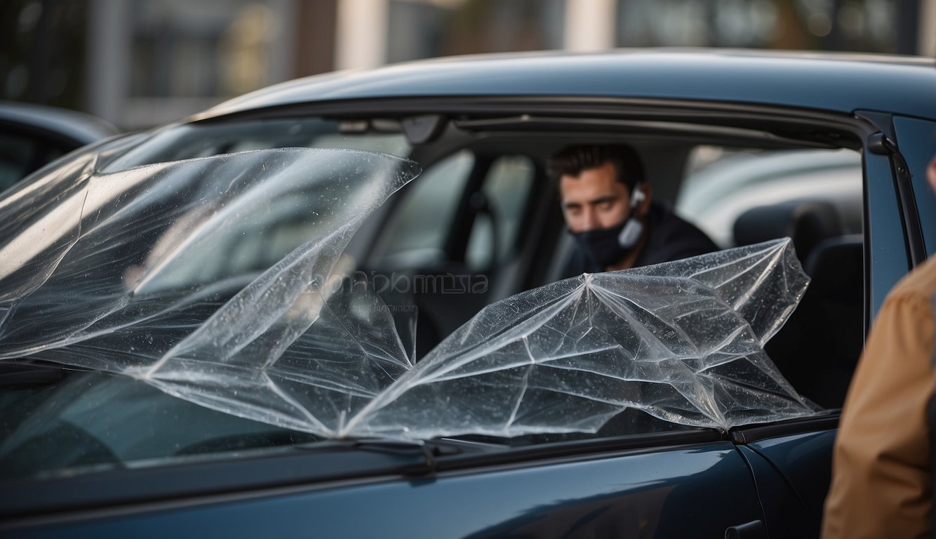 A person applies a temporary cover to a broken car window