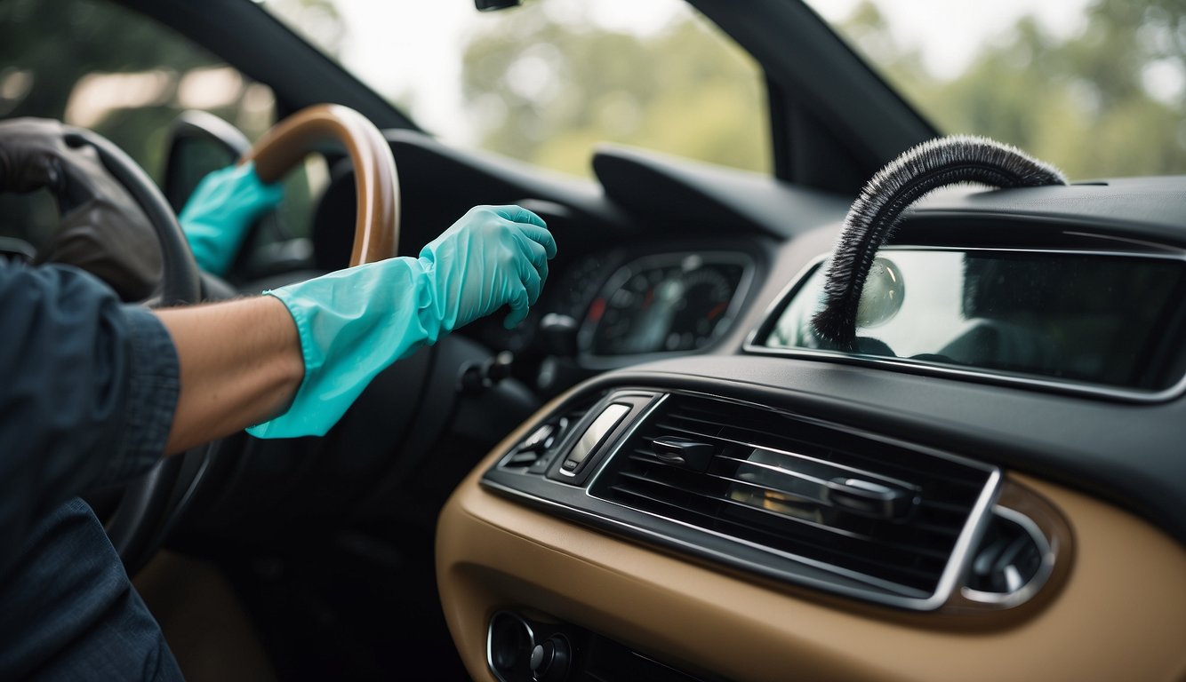 A car interior being thoroughly cleaned and deodorized to remove skunk smell, with cleaning products and equipment in use