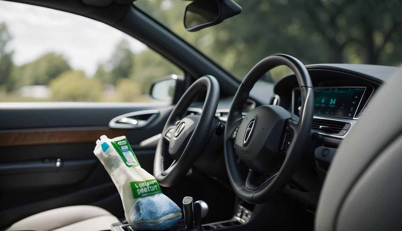 A car interior with windows open, cleaning supplies nearby, and a skunk outside