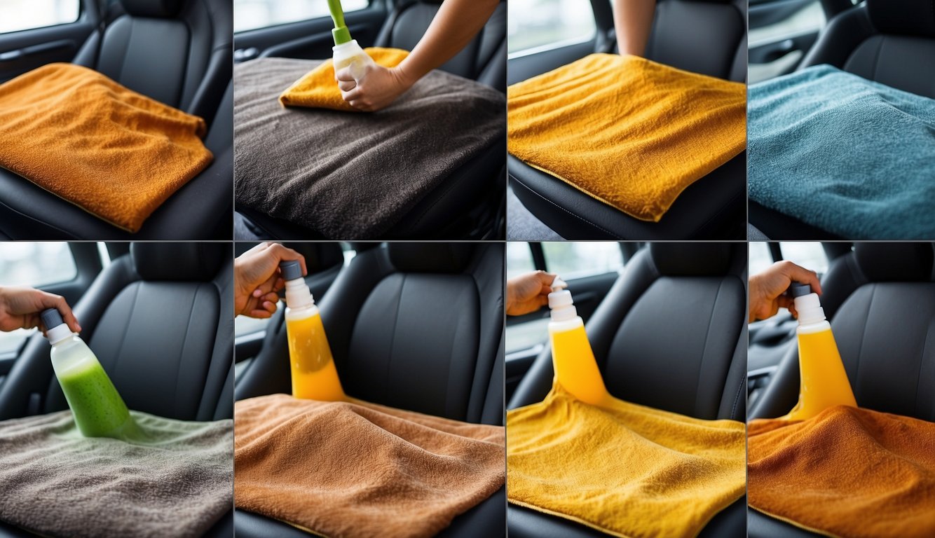 A spill on car upholstery. Step 1: Blot with cloth. Step 2: Apply stain remover. Step 3: Scrub with brush. Step 4: Rinse with water. Step 5: Dry with towel